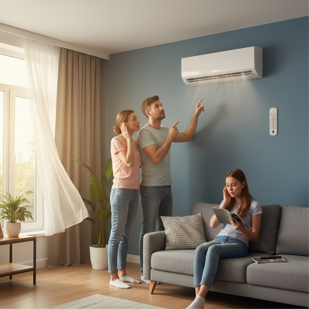 ac repair signs, AC not working and people sitting confused or super hot in the house and sweating