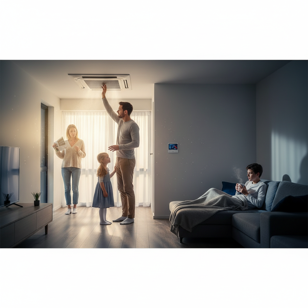Create a realistic, high-quality image that matches the topic of the blog. DO NOT generate: families sitting on couches people pointing at thermostats staged conversations inside homes Instead, prioritize: air vent with weak airflow (tissue test or airflow visual) ductwork inside attic or basement technician adjusting vents or inspecting ducts temperature difference concept (sunlit hot room vs shaded room) Style should be: realistic (not overly staged) slightly cinematic lighting clean, professional, and trustworthy no exaggerated emotions or fake smiling The image should feel like: “real airflow or comfort issue” —not a stock photo.