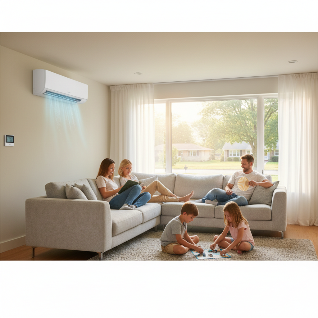 Create a realistic, high-quality image that matches the topic of the blog. DO NOT generate: families sitting on couches people pointing at thermostats staged conversations inside homes Instead, prioritize: outdoor AC unit running on a hot sunny day heat waves rising from ground near condenser thermostat set to cooling mode (no people) real exterior home with AC unit in operation Style should be: realistic (not overly staged) slightly cinematic lighting clean, professional, and trustworthy no exaggerated emotions or fake smiling The image should feel like: “system working during heat” —not a stock photo.