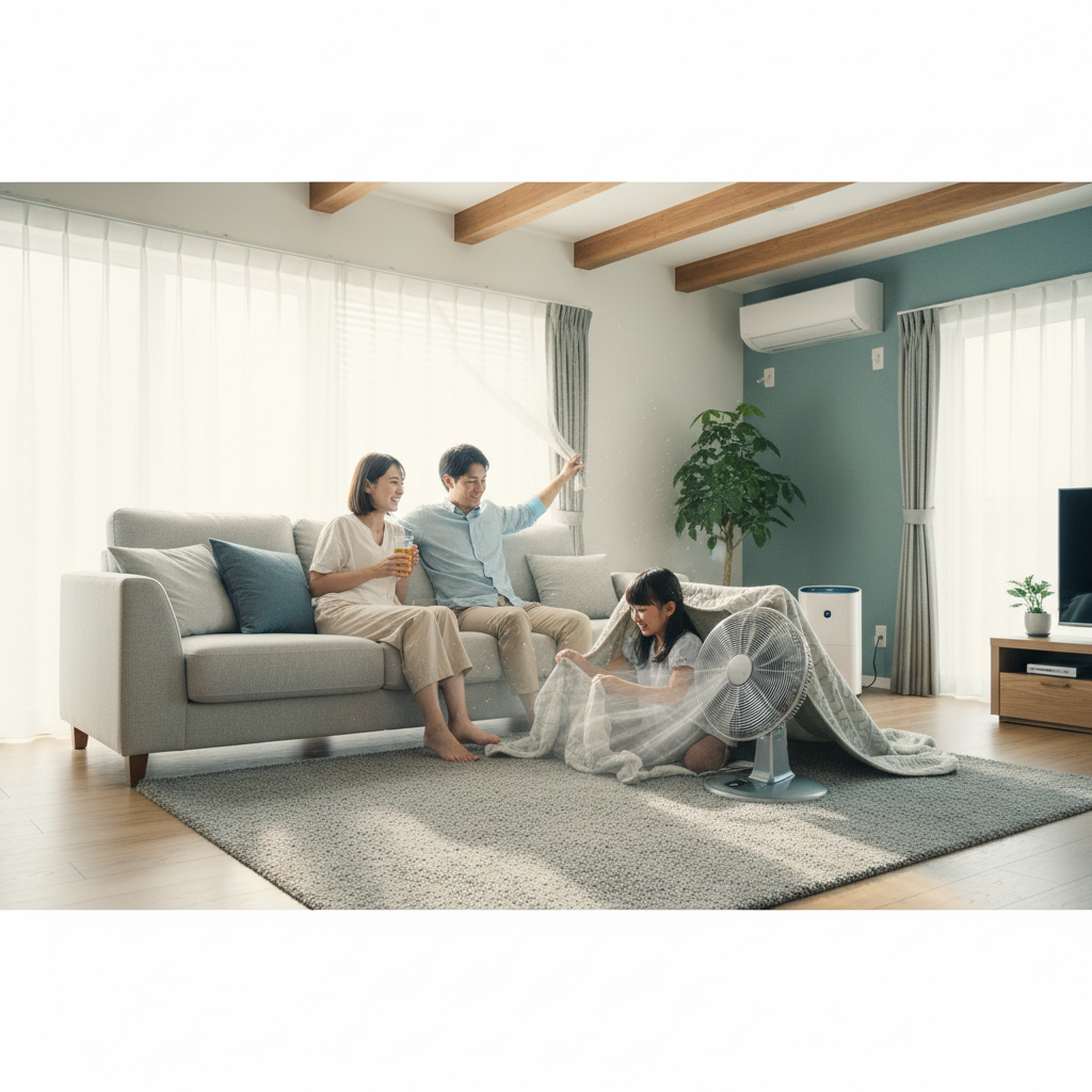 Create a realistic, high-quality image that matches the topic of the blog. DO NOT generate: families sitting on couches people pointing at thermostats staged conversations inside homes Instead, prioritize: sunlight coming through window with blinds partially closed ceiling fan in motion (slight blur) insulated windows or shaded home exterior AC running efficiently outside Style should be: realistic (not overly staged) slightly cinematic lighting clean, professional, and trustworthy no exaggerated emotions or fake smiling The image should feel like: “real home staying cool efficiently” —not a stock photo.