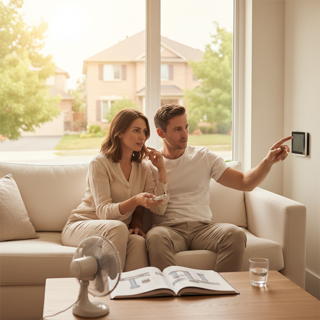 Create a realistic, high-quality image that matches the topic of the blog. DO NOT generate: families sitting on couches people pointing at thermostats staged conversations inside homes Instead, prioritize: outdoor AC unit in extreme sun / heat heat waves rising off pavement near condenser bright summer sunlight hitting home exterior condenser unit working hard (real environment) Style should be: realistic (not overly staged) slightly cinematic lighting clean, professional, and trustworthy no exaggerated emotions or fake smiling The image should feel like: “system under heat stress” —not a stock photo.
