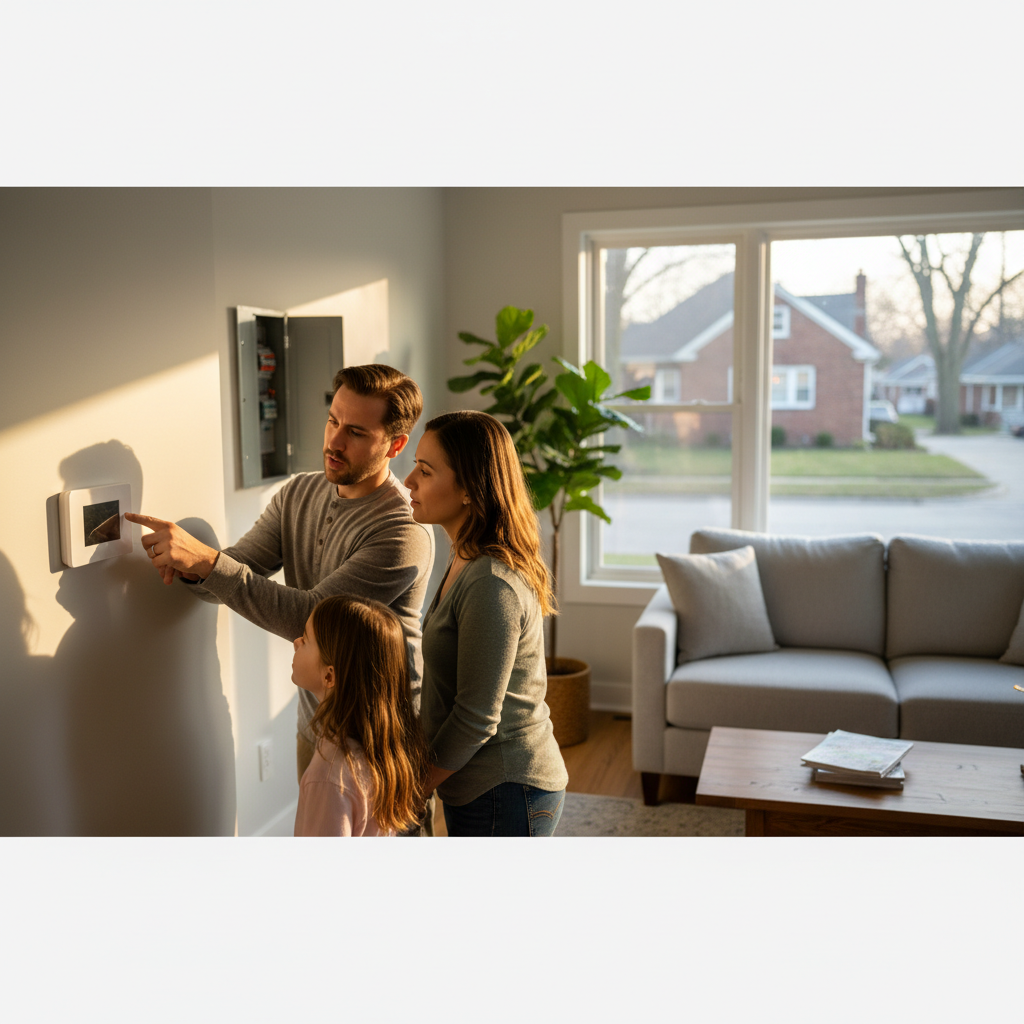 Create a realistic, high-quality image that matches the topic of the blog. DO NOT generate: families sitting on couches people pointing at thermostats staged conversations inside homes Instead, prioritize: electrical panel with breaker tripped AC disconnect box near outdoor unit technician checking electrical components close-up of breaker switch in off position Style should be: realistic (not overly staged) slightly cinematic lighting clean, professional, and trustworthy no exaggerated emotions or fake smiling The image should feel like: “real electrical issue” —not a stock photo.
