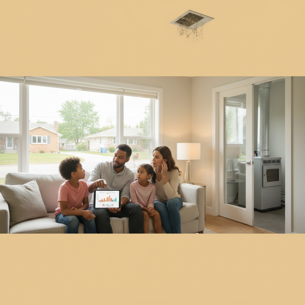 Create a realistic, high-quality image that matches the topic of the blog. DO NOT generate: families sitting on couches people pointing at thermostats staged conversations inside homes Instead, prioritize: thermostat showing high usage outdoor AC running continuously energy bill document on table (no people) HVAC system working in hot weather Style should be: realistic (not overly staged) slightly cinematic lighting clean, professional, and trustworthy no exaggerated emotions or fake smiling The image should feel like: “high energy usage scenario” —not a stock photo.