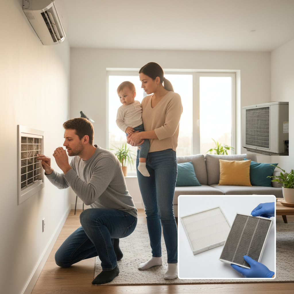 Create a realistic, high-quality image that matches the topic of the blog. DO NOT generate: families sitting on couches people pointing at thermostats staged conversations inside homes Instead, prioritize: AC vent with visible dust/mildew buildup evaporator coil with condensation condensate pan with water technician inspecting indoor unit Style should be: realistic (not overly staged) slightly cinematic lighting clean, professional, and trustworthy no exaggerated emotions or fake smiling The image should feel like: “real moisture or mold issue” —not a stock photo.