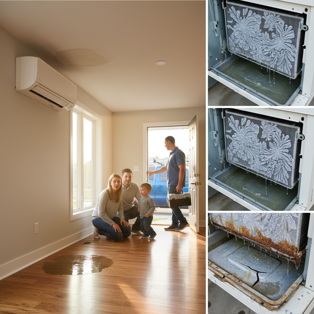 Create a realistic, high-quality image that matches the topic of the blog. DO NOT generate: families sitting on couches people pointing at thermostats staged conversations inside homes Instead, prioritize: water pooling near furnace or air handler condensate pan overflowing PVC drain line dripping or clogged technician inspecting water leak Style should be: realistic (not overly staged) slightly cinematic lighting clean, professional, and trustworthy no exaggerated emotions or fake smiling The image should feel like: “real water leak issue” —not a stock photo.