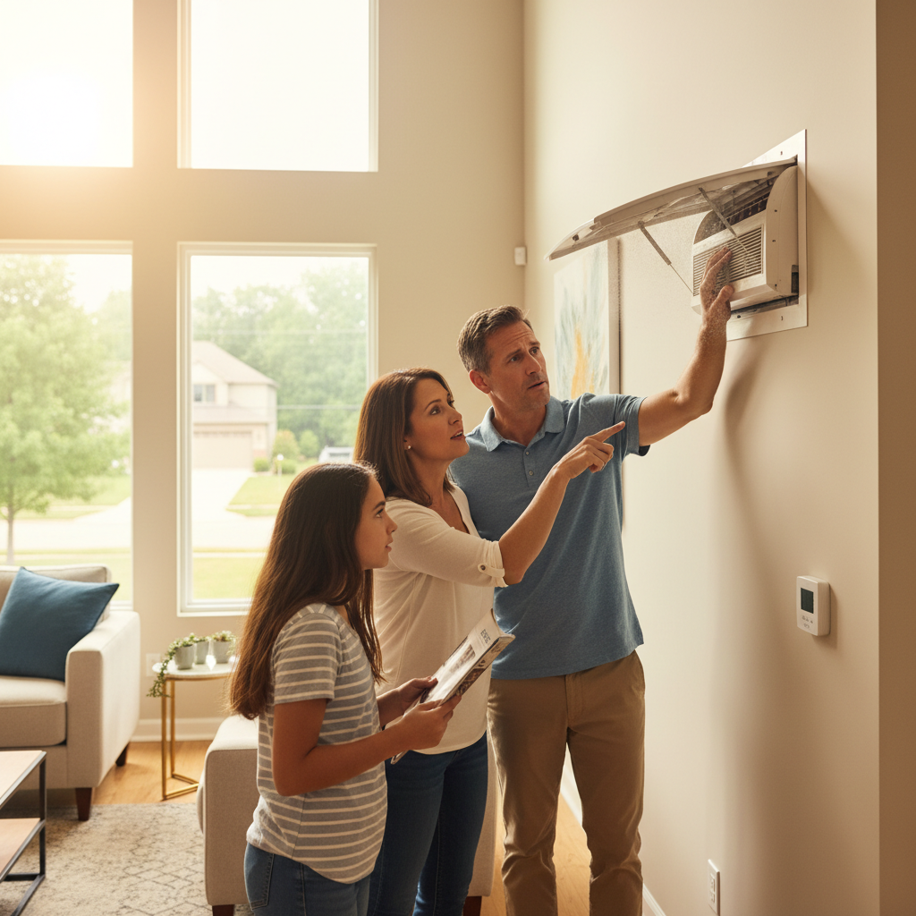 Create a realistic, high-quality image that matches the topic of the blog. DO NOT generate: families sitting on couches people pointing at thermostats staged conversations inside homes Instead, prioritize: thermostat showing cooling but room temp high outdoor AC unit running vent blowing weak or warm air technician diagnosing AC unit Style should be: realistic (not overly staged) slightly cinematic lighting clean, professional, and trustworthy no exaggerated emotions or fake smiling The image should feel like: “system running but ineffective” —not a stock photo.