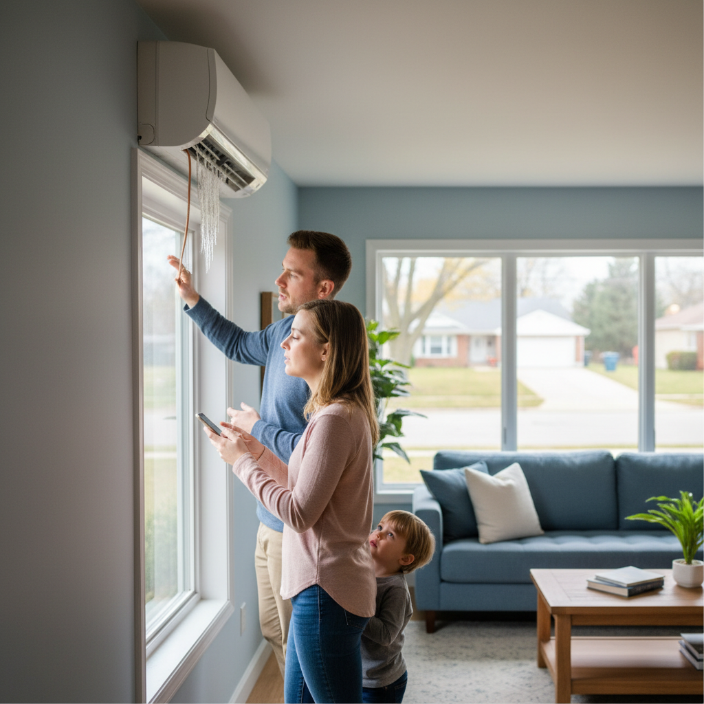 Create a realistic, high-quality image that matches the topic of the blog. DO NOT generate: families sitting on couches people pointing at thermostats staged conversations inside homes Instead, prioritize: frozen evaporator coil with ice buildup ice on refrigerant lines outdoor unit with frost technician inspecting frozen system Style should be: realistic (not overly staged) slightly cinematic lighting clean, professional, and trustworthy no exaggerated emotions or fake smiling The image should feel like: “real frozen HVAC issue” —not a stock photo.