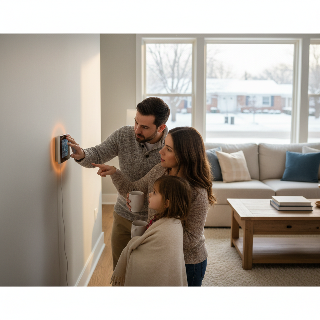Create a realistic, high-quality image that matches the topic of the blog. DO NOT generate: families sitting on couches staged conversations Instead, prioritize: thermostat display close-up wiring behind thermostat technician adjusting thermostat thermostat reading incorrect temp Style should be: realistic clean, professional neutral lighting not staged The image should feel like: “real thermostat issue” —not a stock photo.