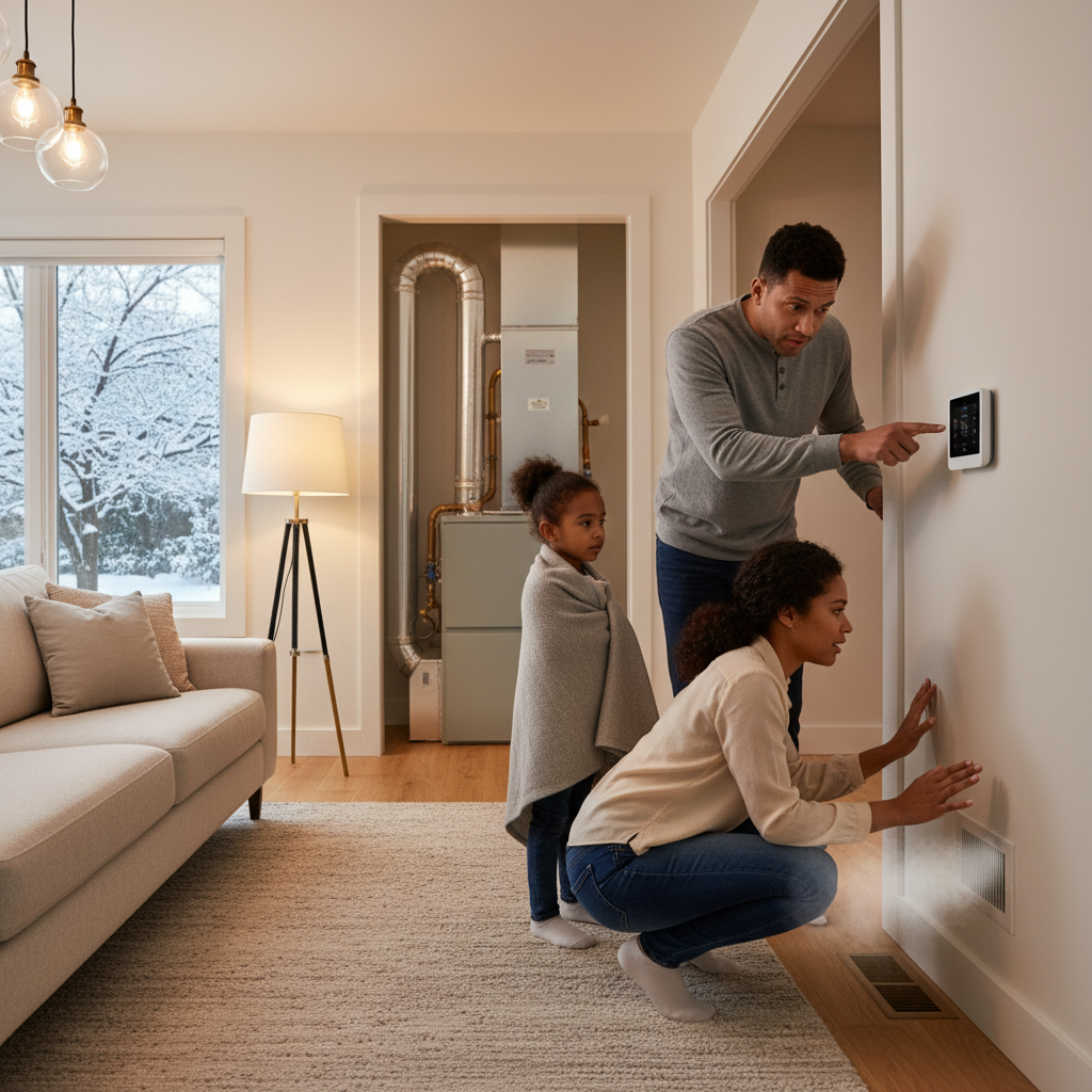 Create a realistic, high-quality image that matches the topic of the blog. DO NOT generate: families sitting on couches staged conversations Instead, prioritize: furnace unit open technician inspecting burner or flame air vent blowing cool air thermostat set to heat but no warmth Style should be: realistic clean, professional neutral lighting not staged The image should feel like: “real heating issue” —not a stock photo.