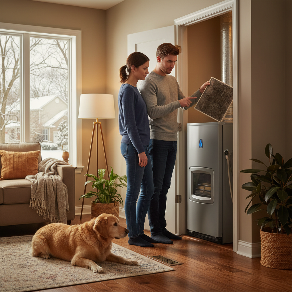 Create a realistic, high-quality image that matches the topic of the blog. DO NOT generate: families sitting on couches staged conversations Instead, prioritize: furnace cycling on/off thermostat switching rapidly technician diagnosing furnace furnace panel open with components Style should be: realistic clean, professional neutral lighting not staged The image should feel like: “real furnace cycling issue” —not a stock photo.