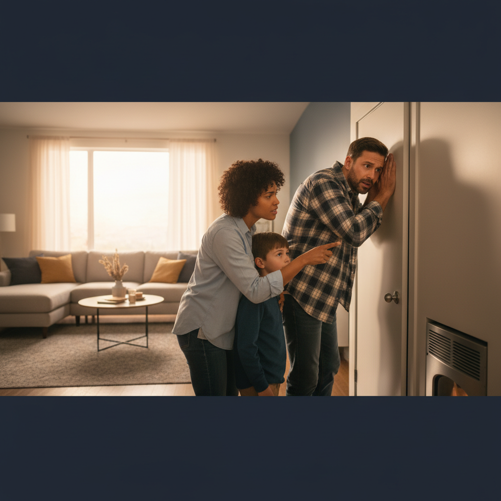 Create a realistic, high-quality image that matches the topic of the blog. DO NOT generate: families sitting on couches staged conversations Instead, prioritize: furnace burner ignition technician inspecting furnace interior ductwork expanding furnace panel open Style should be: realistic clean, professional neutral lighting not staged The image should feel like: “real furnace noise issue” —not a stock photo.