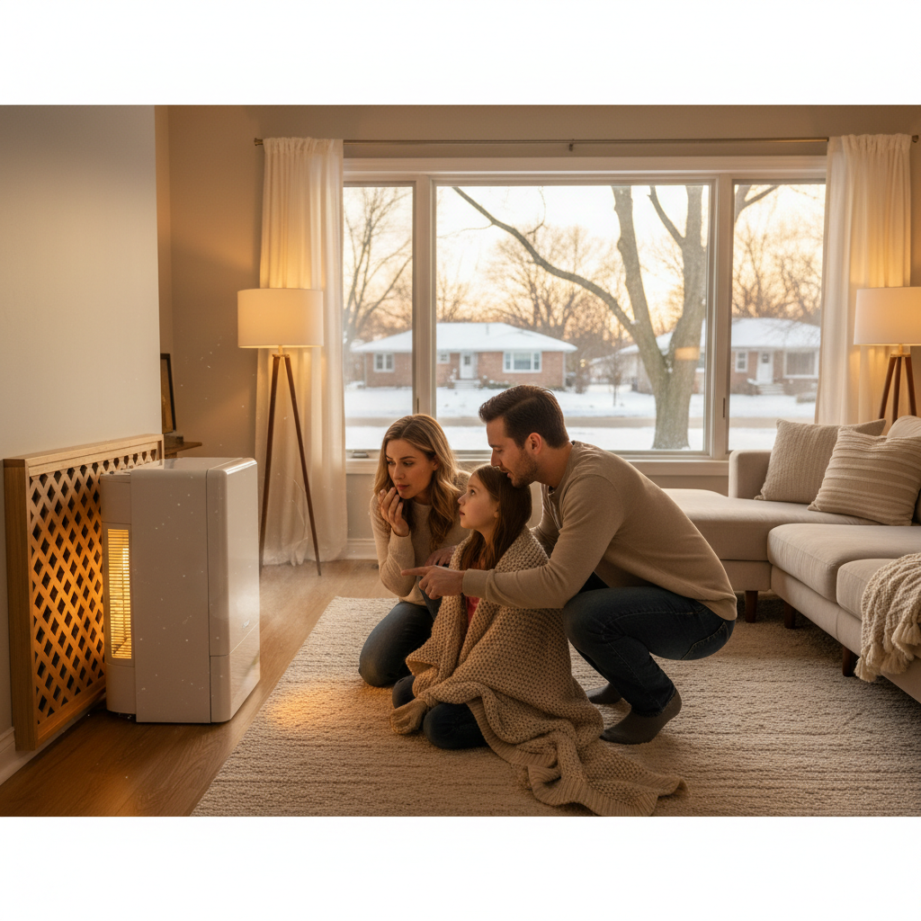 Create a realistic, high-quality image that matches the topic of the blog. DO NOT generate: families sitting on couches staged conversations Instead, prioritize: furnace with light dust burning off heat exchanger close-up of furnace interior slight visible haze near vents (subtle, not dramatic smoke) technician inspecting dusty components Style should be: realistic clean, professional neutral lighting not staged The image should feel like: “normal seasonal furnace smell scenario” —not a stock photo.