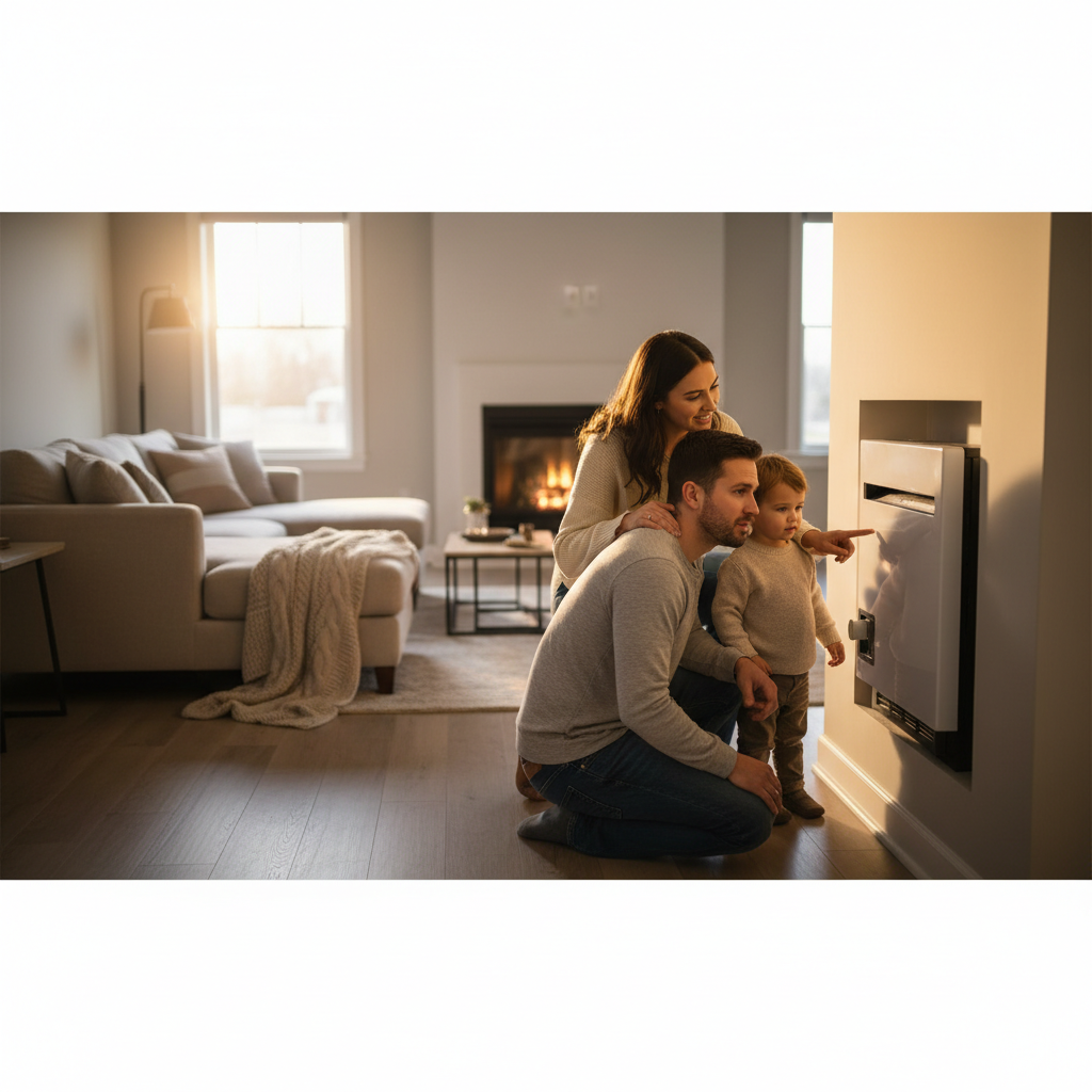 Create a realistic, high-quality image that matches the topic of the blog. DO NOT generate: families sitting on couches staged conversations Instead, prioritize: thermostat blank screen furnace not running breaker panel tripped technician diagnosing furnace Style should be: realistic clean, professional neutral lighting not staged The image should feel like: “system not turning on issue” —not a stock photo.