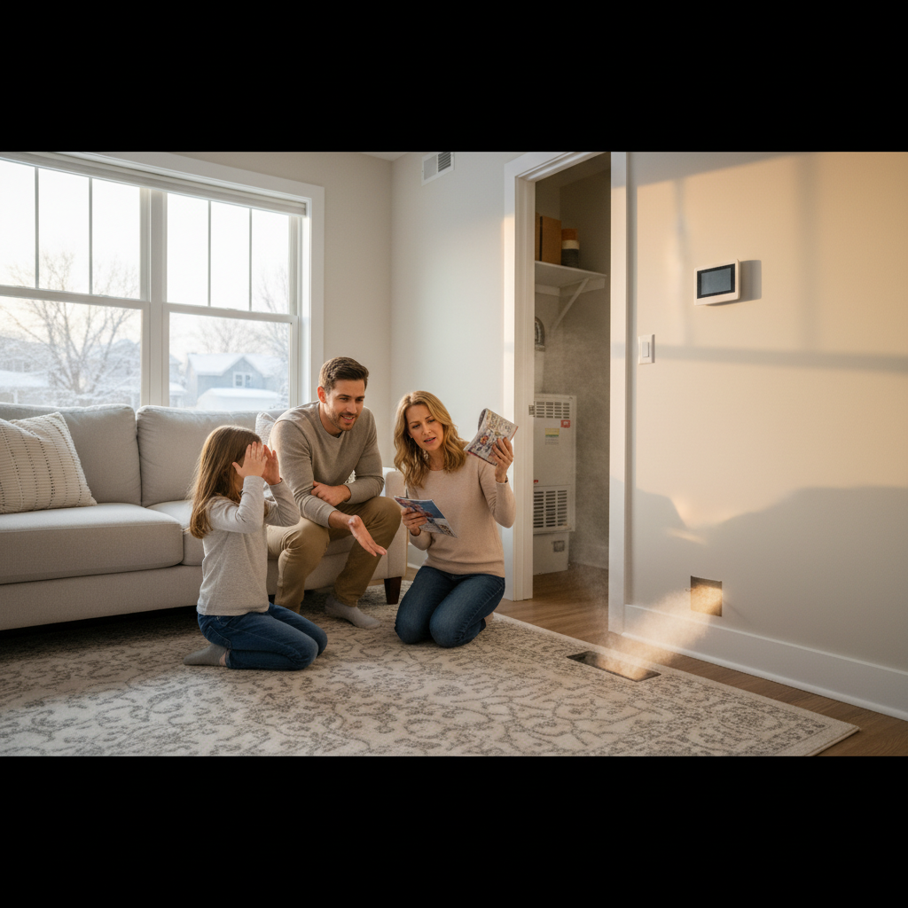 Create a realistic, high-quality image that matches the topic of the blog. DO NOT generate: families sitting on couches staged conversations Instead, prioritize: thermostat set too high furnace overheating technician checking furnace airflow restriction scenario Style should be: realistic clean, professional neutral lighting not staged The image should feel like: “overheating / too much heat issue” —not a stock photo.