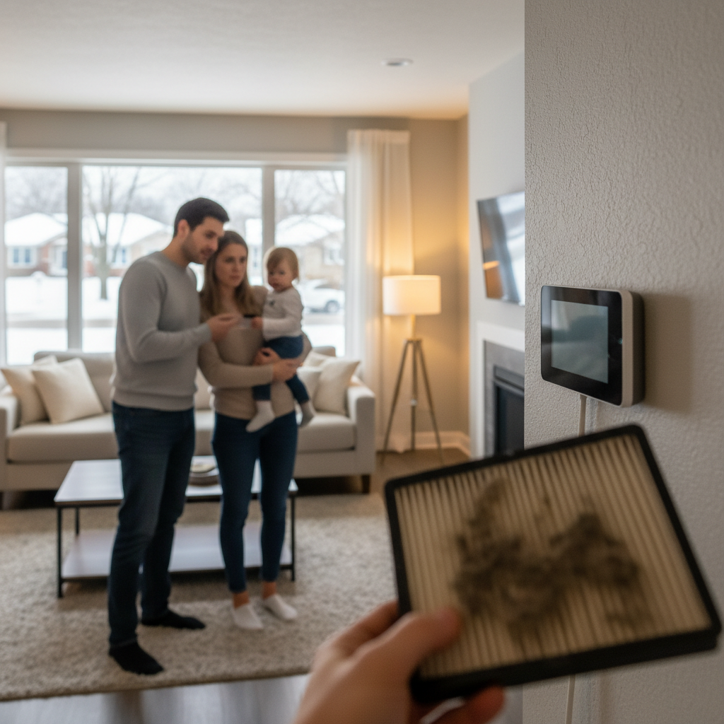 Create a realistic, high-quality image that matches the topic of the blog. DO NOT generate: families sitting on couches staged conversations Instead, prioritize: thermostat showing constant heating furnace running continuously snowy exterior (extreme cold context) technician inspecting running system Style should be: realistic clean, professional neutral lighting not staged The image should feel like: “system running constantly in cold weather” —not a stock photo.